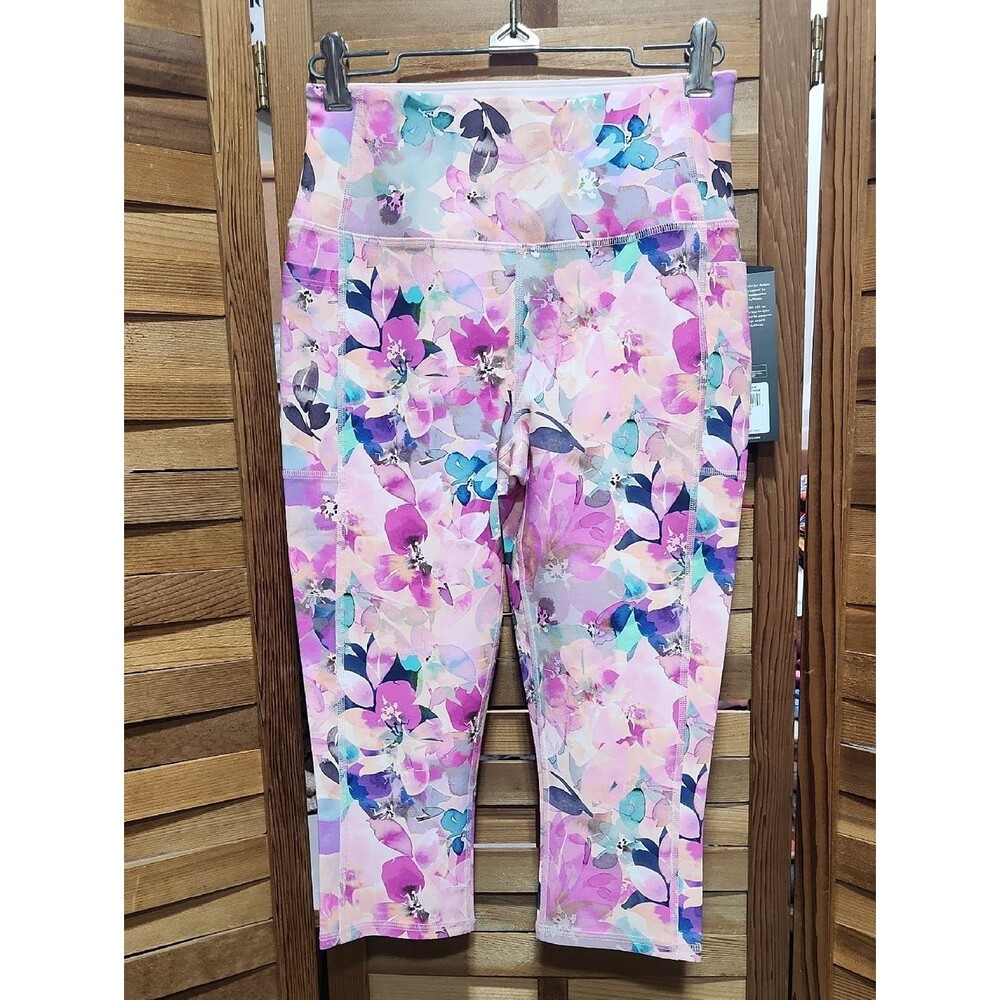 Skechers Pink Multi Floral Capri Leggings Women M Athletic Nylon GoFlex